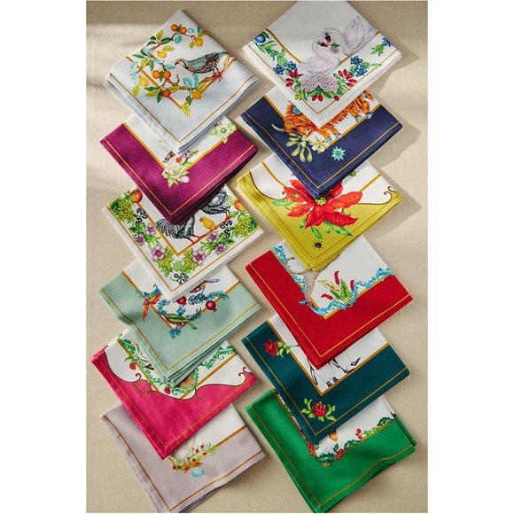 🏷️NWT Anthropologie x Lou Rota Twelve Days of Christmas Napkins, Set of 12 - Picture 1 of 15